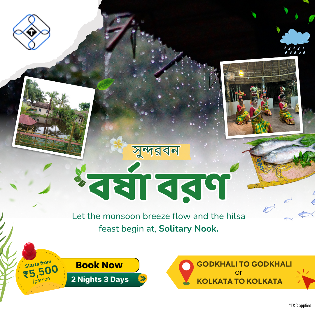 Sundarbans monsoon tour poster showing rain, huts, dance, hilsa fish, and booking info for Solitary Nook